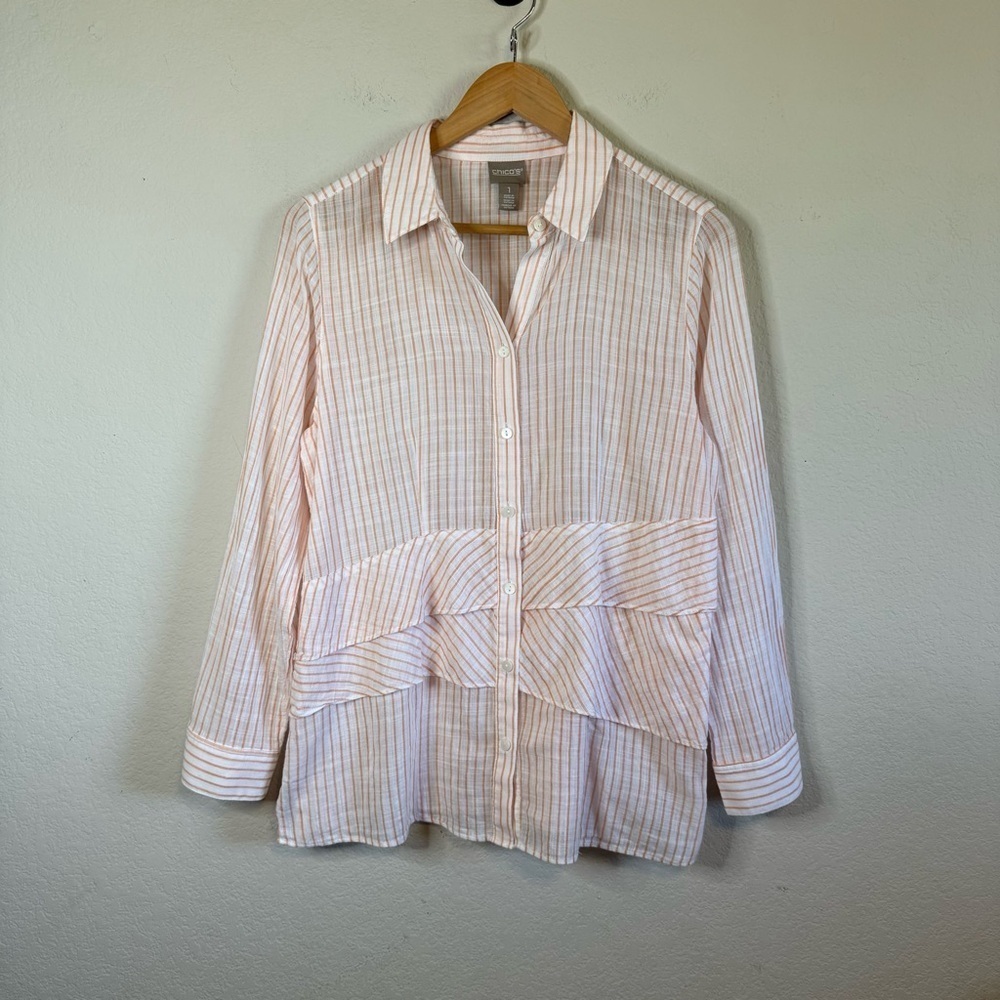 Chicos Linen Blend Light Orange Stripe Tiered Ruffle Front Button Up Shirt Med